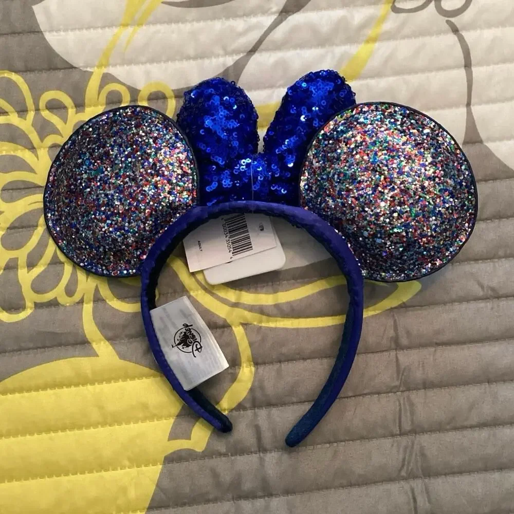 NWT Disney Parks 2020 Minnie Mouse Multi-color ears headband blue sequin bow